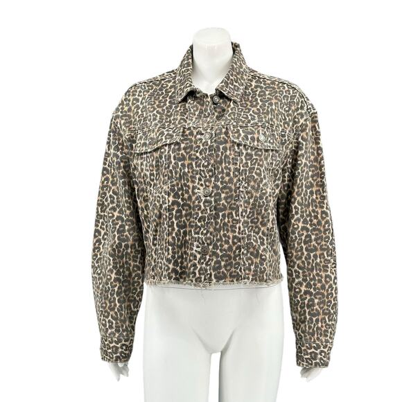 Free People Jacket Womens Small Brown Cheetah Print Denim Oversized Frayed Hem - Picture 1 of 10